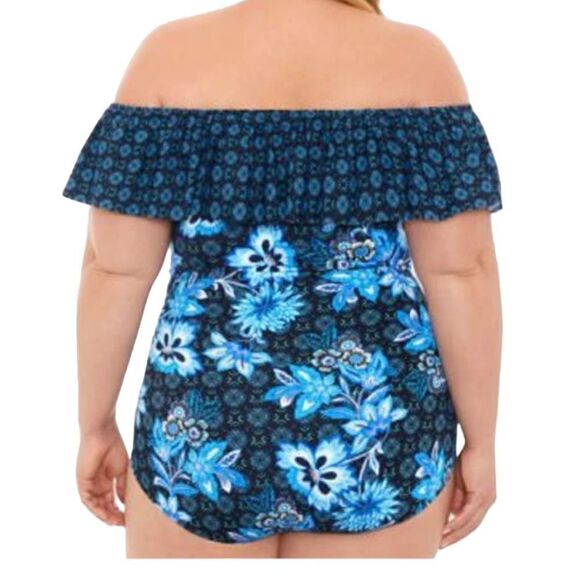 Swim Solutions HIDEAWAY NAVY Ruffled Off-the-Shoulder One-Piece Swimsuit, US 24W - Picture 4 of 5